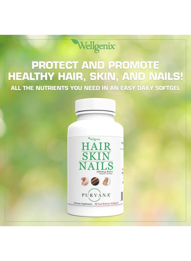 wellgenix Purvana Hair Skin And Nails Vitamin Softgels For High Absorption Double Strength 2500Mcg Biotin Vit A & B Folic Acid Grape Seed Extract Herbal Supplement (90 Count) - Image 5