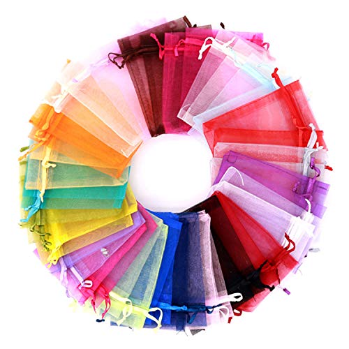 Pimuza 100pc 5x7 inches Gifts Wrap Bags Mixed Color,Organza Sheer Fabric,Drawstring Pouches for Baby Shower Favor,Jewelry,Christmas Ornament,Valentine Day,Bathroom Craft Soaps,Accessories Set,Hotel,Bracelets - Image 1