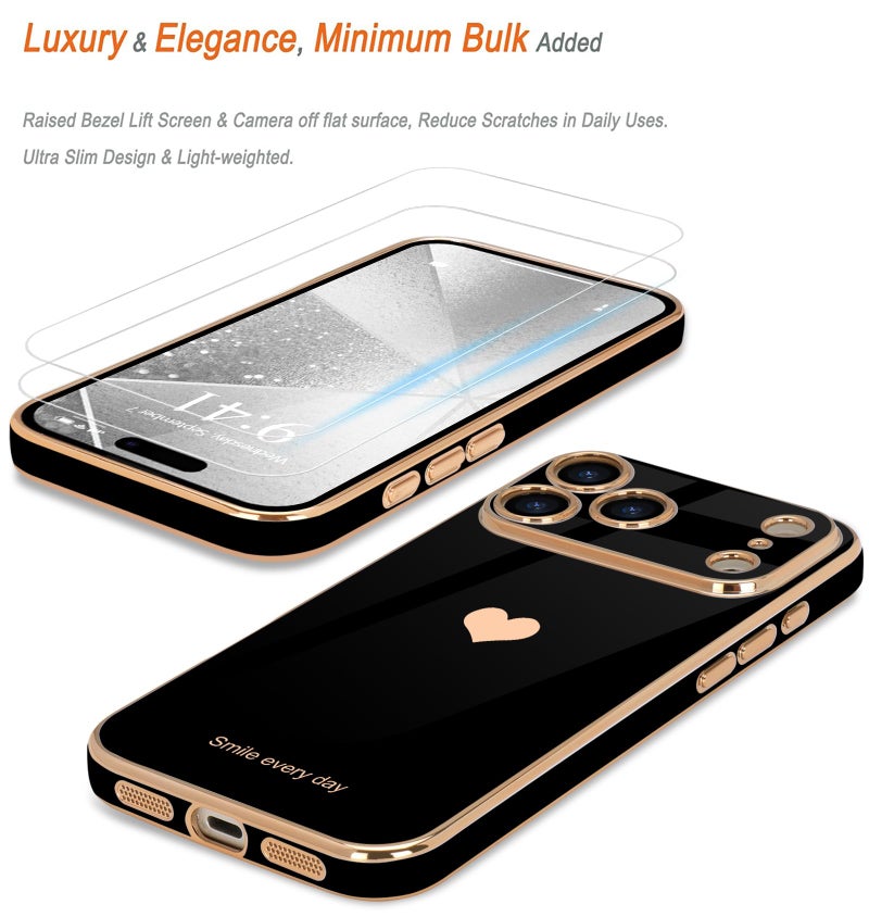 Teageo for iPhone 17 Pro Max Case with Screen Protector [2 Pack] Girl Women Cute Girly Love-Heart Luxury Gold Soft Cover Camera Protection Shockproof Phone Case for iPhone 17 Pro Max, Black - Image 3