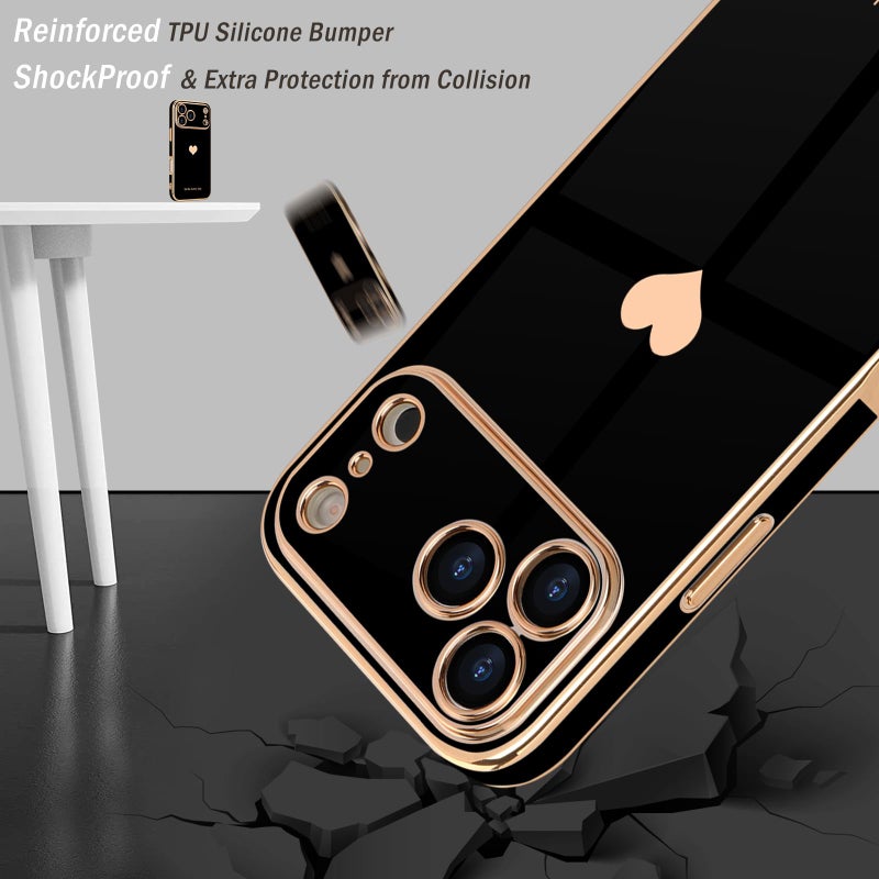 Teageo for iPhone 17 Pro Max Case with Screen Protector [2 Pack] Girl Women Cute Girly Love-Heart Luxury Gold Soft Cover Camera Protection Shockproof Phone Case for iPhone 17 Pro Max, Black - Image 4