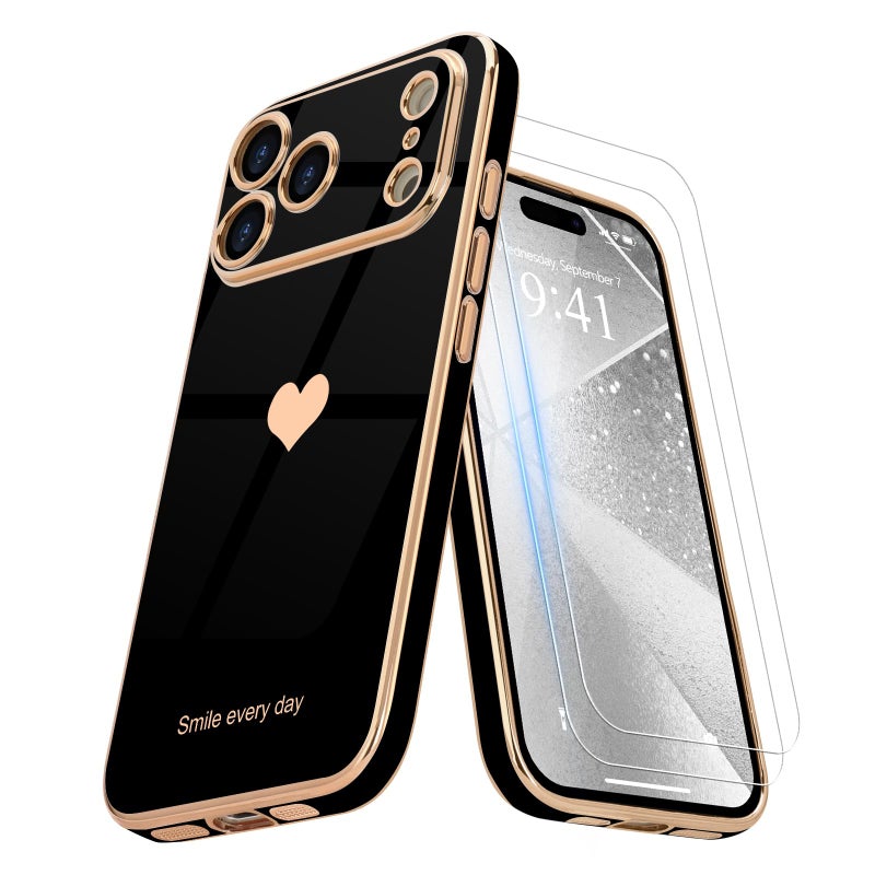 Teageo for iPhone 17 Pro Max Case with Screen Protector [2 Pack] Girl Women Cute Girly Love-Heart Luxury Gold Soft Cover Camera Protection Shockproof Phone Case for iPhone 17 Pro Max, Black - Image 1
