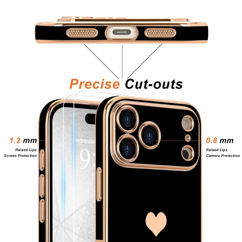 Teageo for iPhone 17 Pro Max Case with Screen Protector [2 Pack] Girl Women Cute Girly Love-Heart Luxury Gold Soft Cover Camera Protection Shockproof Phone Case for iPhone 17 Pro Max, Black - Image 2
