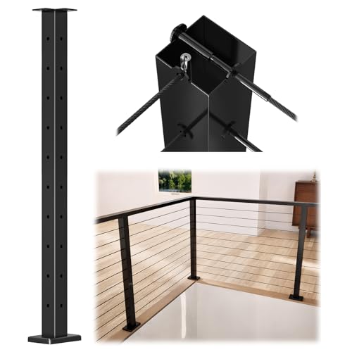 Muzata Black Corner Cable Railing Post 36 Inch 36x2x2 Tdrilled OnePost Corner Solution Surface Mount Stainless Steel Cable Railing System Kit Indoor Outdoor with Paper User Guide PS02 B34S