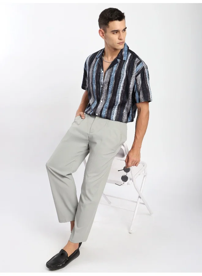 Beyoung Blue and Black Printed Cuban Shirt