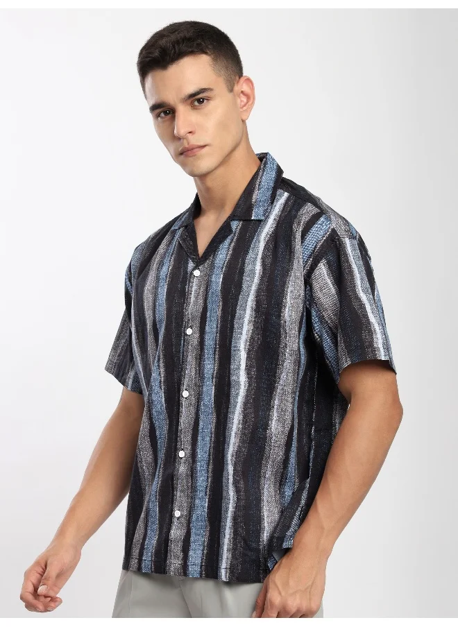 Beyoung Blue and Black Printed Cuban Shirt