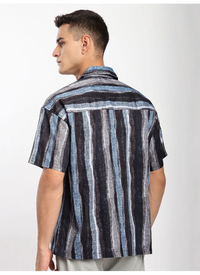 Beyoung Blue and Black Printed Cuban Shirt