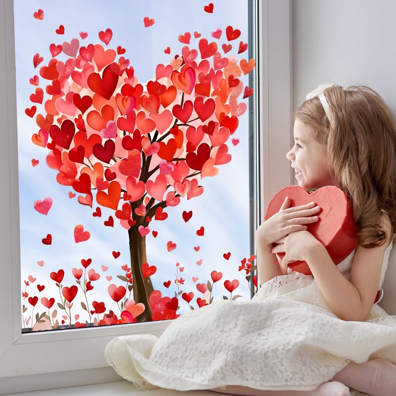 Whaline 6 Sheets Valentine' s Day Window Clings Window Decal Large Romantic Love Heart Tree Reusable Anti-Collision Windows Decor for Wedding Anniversary Home Party Supplies - Image 3