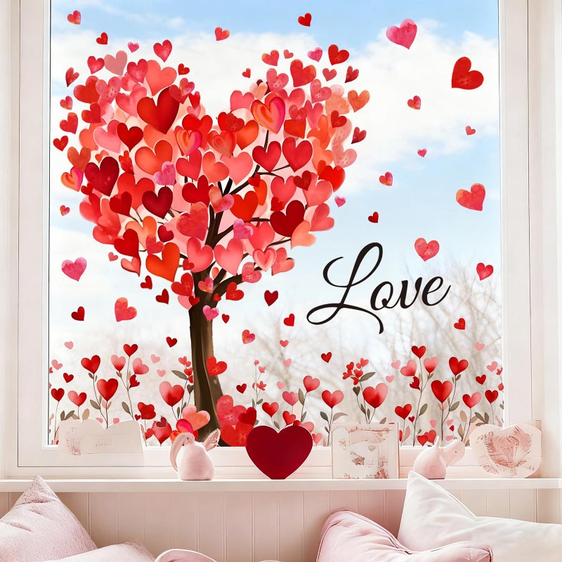 Whaline 6 Sheets Valentine' s Day Window Clings Window Decal Large Romantic Love Heart Tree Reusable Anti-Collision Windows Decor for Wedding Anniversary Home Party Supplies - Image 2