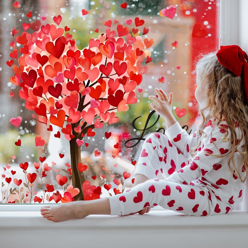 Whaline 6 Sheets Valentine' s Day Window Clings Window Decal Large Romantic Love Heart Tree Reusable Anti-Collision Windows Decor for Wedding Anniversary Home Party Supplies - Image 4