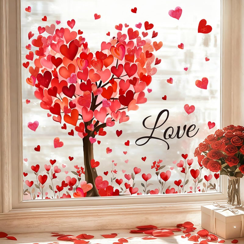 Whaline 6 Sheets Valentine' s Day Window Clings Window Decal Large Romantic Love Heart Tree Reusable Anti-Collision Windows Decor for Wedding Anniversary Home Party Supplies - Image 1