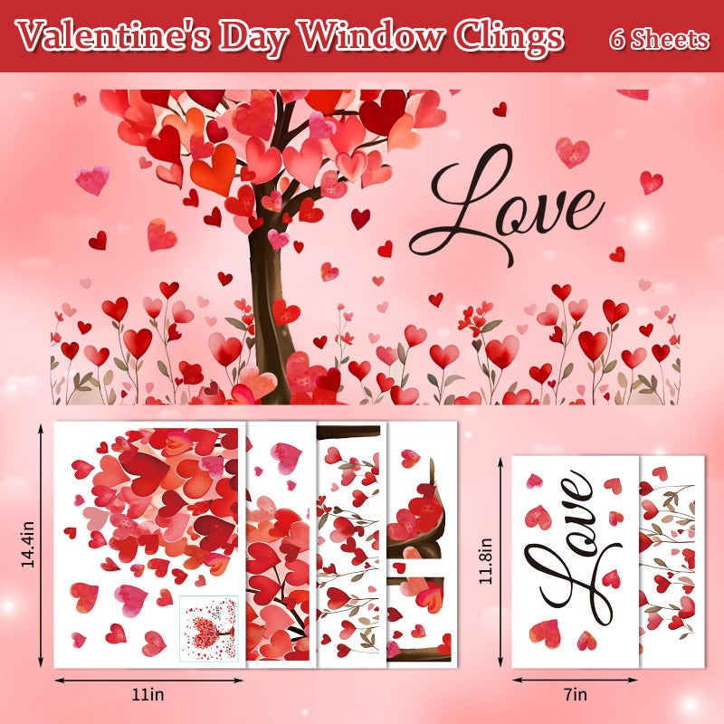 Whaline 6 Sheets Valentine' s Day Window Clings Window Decal Large Romantic Love Heart Tree Reusable Anti-Collision Windows Decor for Wedding Anniversary Home Party Supplies - Image 5