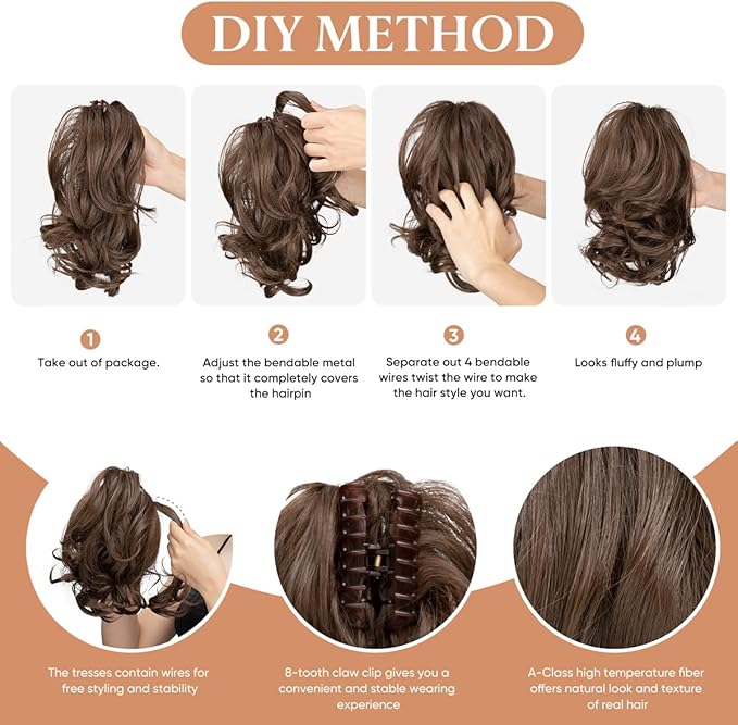CJL HAIR Claw Clip Short Ponytail Hair Extensions DIY Bendable Metals Messy Bun Hair Piece for Wonen Straight Synthetic Fake Hairpieces Dirty Blonde