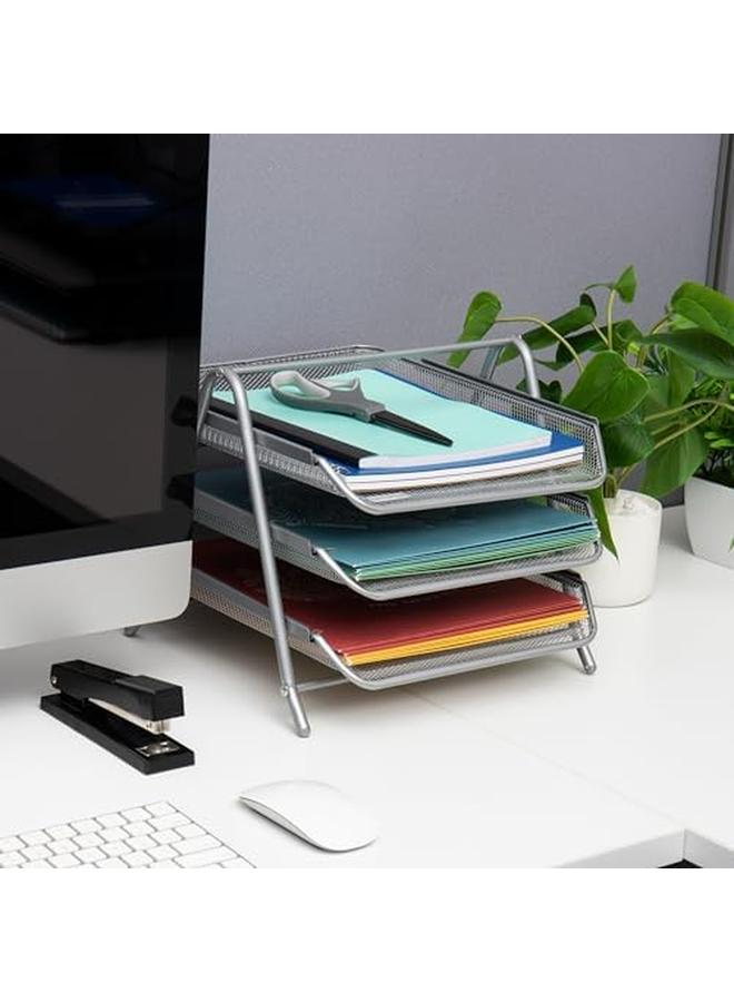 Mind Reader Desk Organizer With 3 Sliding Trays For Letters Documents Mail Files Paper Silver - Image 2