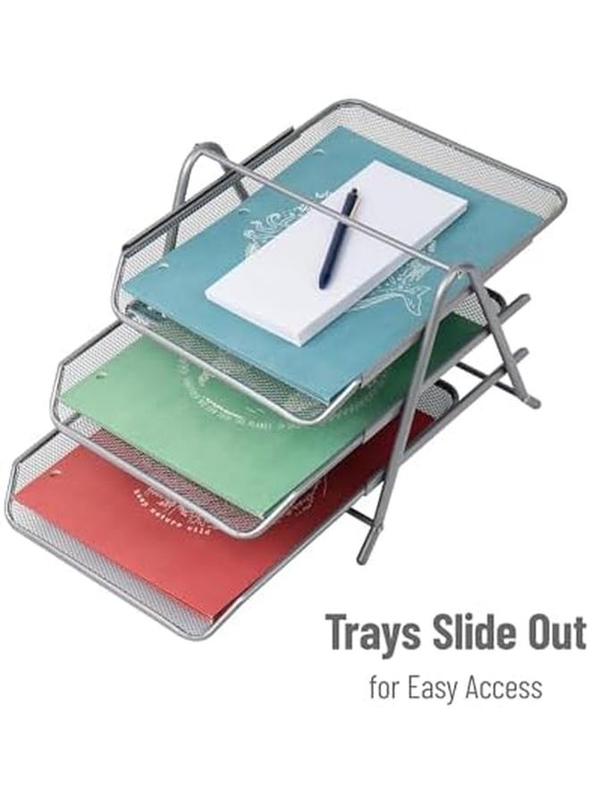 Mind Reader Desk Organizer With 3 Sliding Trays For Letters Documents Mail Files Paper Silver - Image 4