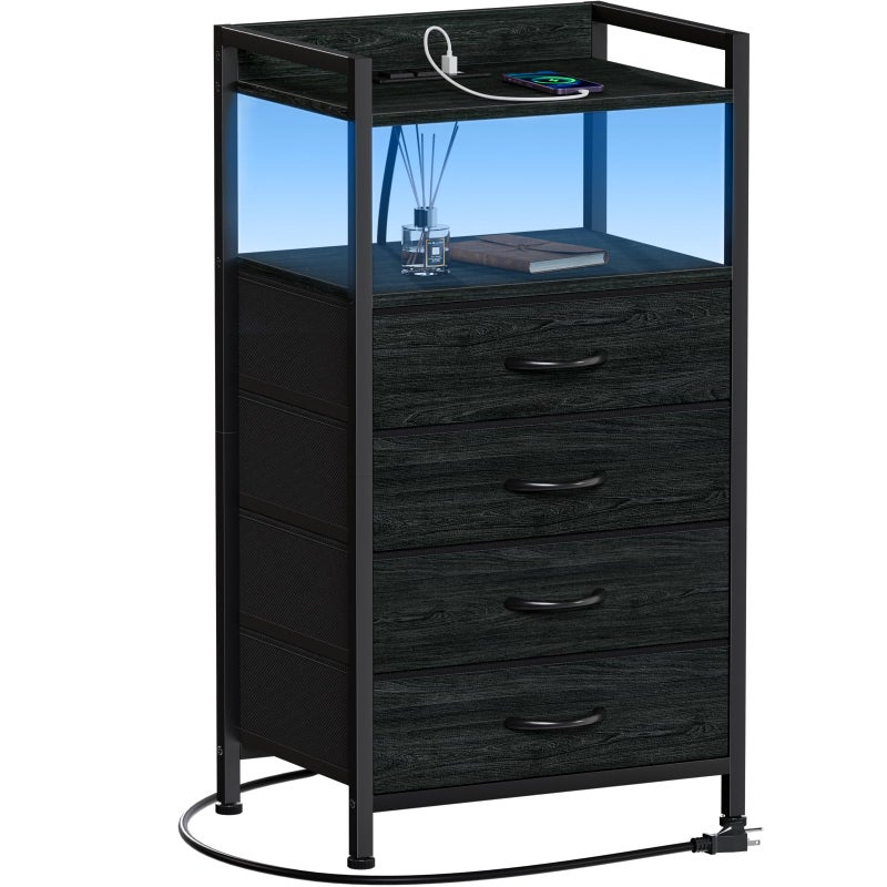 Furnulem Night Stand with Charging Station Black Nightstand with Drawers and Led Light Tall Dresser for Bedroom Bedside Table with Fabric Storage Bins Metal Frame Wood Furniture