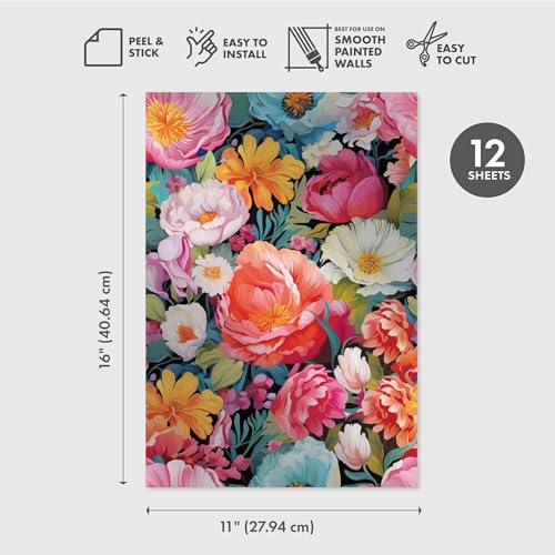 Main Street Peel and Stick Wallpaper Eco-Friendly Sheets 12 Pack, 11 X 16 Inch Vibrant Flowers Design, Wall Mural for Home Decor, Removable Wall Decor Wallpaper Peel and Stick for DIY Projects - Image 2