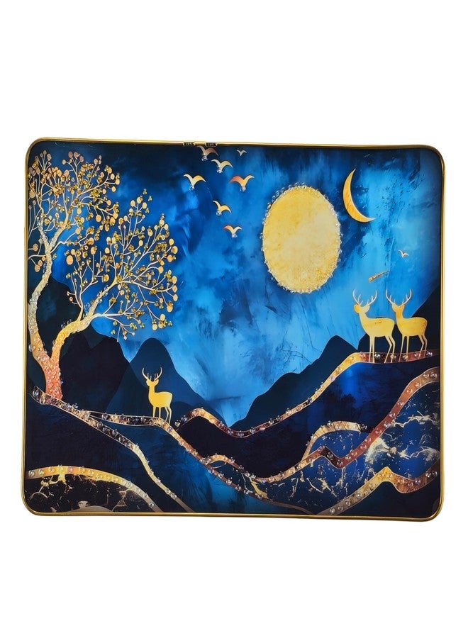 Reyal 3D Resin Golden Deer Night Scenery Wall Art with Crystal Embedded Moon Design 45x30 Cm (18x12 Inch) | High Gloss Blue & Gold Wall Painting with Slim Golden Frame for Living Room, Bedroom & Office Décor (SCENERY DEER-04) - Image 1