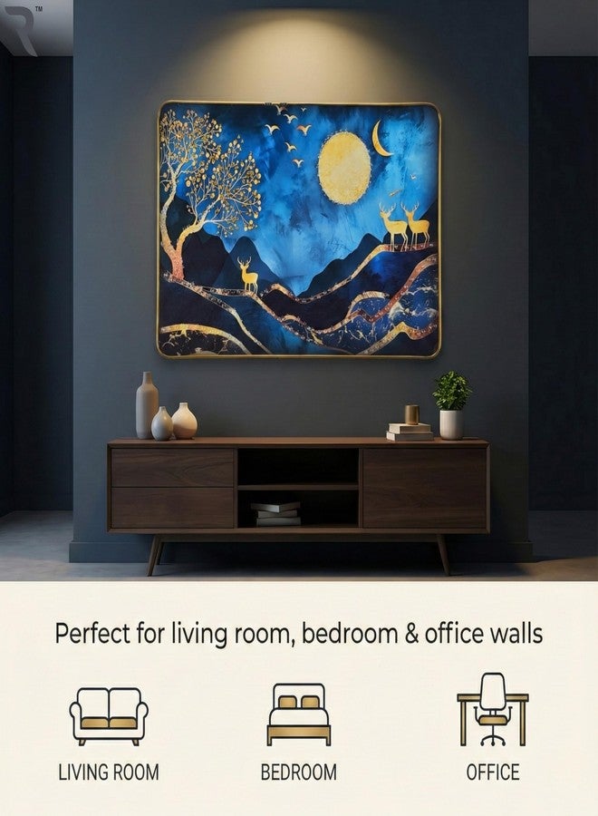 Reyal 3D Resin Golden Deer Night Scenery Wall Art with Crystal Embedded Moon Design 45x30 Cm (18x12 Inch) | High Gloss Blue & Gold Wall Painting with Slim Golden Frame for Living Room, Bedroom & Office Décor (SCENERY DEER-04) - Image 2