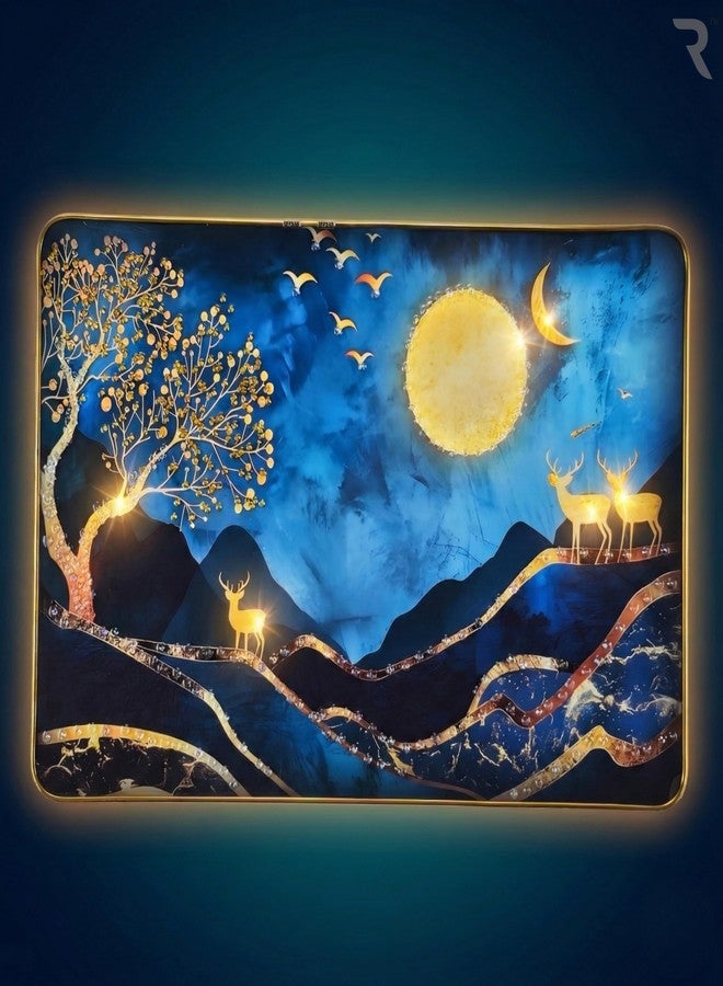 Reyal 3D Resin Golden Deer Night Scenery Wall Art with Crystal Embedded Moon Design 45x30 Cm (18x12 Inch) | High Gloss Blue & Gold Wall Painting with Slim Golden Frame for Living Room, Bedroom & Office Décor (SCENERY DEER-04) - Image 3