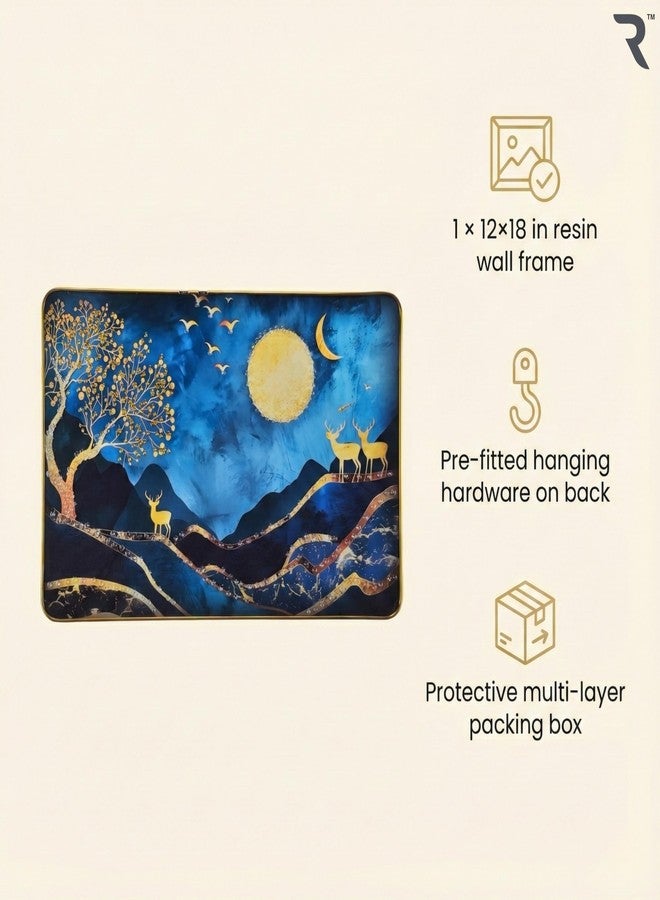 Reyal 3D Resin Golden Deer Night Scenery Wall Art with Crystal Embedded Moon Design 45x30 Cm (18x12 Inch) | High Gloss Blue & Gold Wall Painting with Slim Golden Frame for Living Room, Bedroom & Office Décor (SCENERY DEER-04) - Image 4