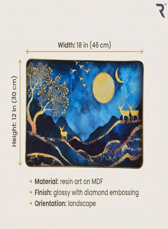 Reyal 3D Resin Golden Deer Night Scenery Wall Art with Crystal Embedded Moon Design 45x30 Cm (18x12 Inch) | High Gloss Blue & Gold Wall Painting with Slim Golden Frame for Living Room, Bedroom & Office Décor (SCENERY DEER-04) - Image 5