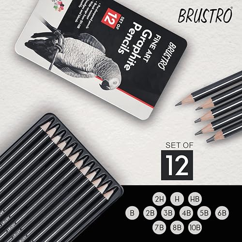 BRUSTRO Artists Fineart Graphite Pencil Set of 12 (10B-2H) with Elegant Tin Box| Pre-Sharpened, Break Resistant, Lightweight, Ideal For Writing, Drawing, Sketching, Illustrations. - Image 5