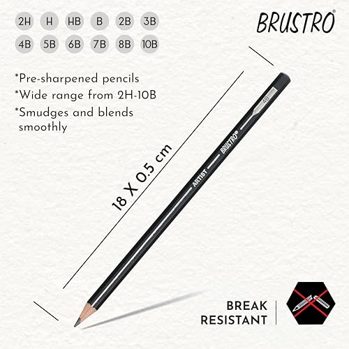 BRUSTRO Artists Fineart Graphite Pencil Set of 12 (10B-2H) with Elegant Tin Box| Pre-Sharpened, Break Resistant, Lightweight, Ideal For Writing, Drawing, Sketching, Illustrations. - Image 4