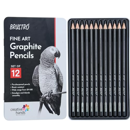 BRUSTRO Artists Fineart Graphite Pencil Set of 12 (10B-2H) with Elegant Tin Box| Pre-Sharpened, Break Resistant, Lightweight, Ideal For Writing, Drawing, Sketching, Illustrations. - Image 1