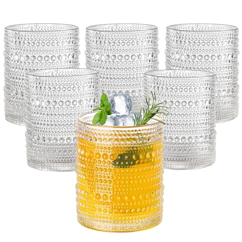 Amyoole 12oz Hobnail Drinking Glasses Set of 6Clear Vintage Glassware Embossed Water TumblerCocktail Glass Cups for BeerWhiskeyJuice and Various Mixed Drinks