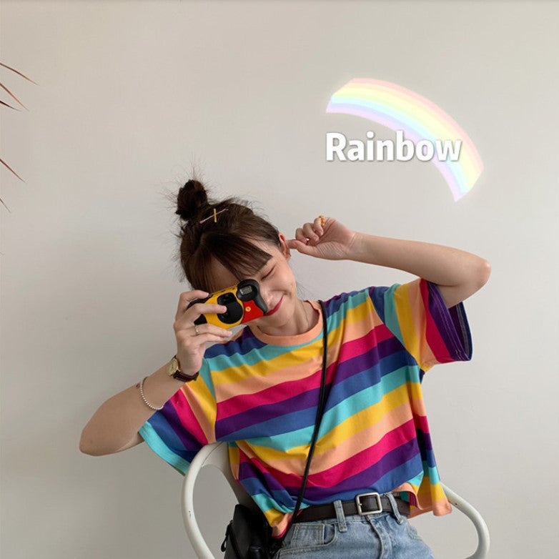 Striped Short-sleeved T-shirt Women's 2021 Summer New Korean-style Short Navel-exposed Student ins Loose Base Top T-shirt - Image 2