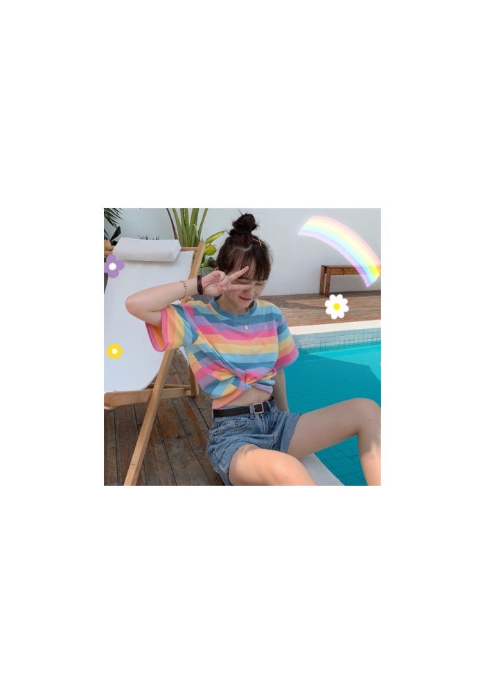 Striped Short-sleeved T-shirt Women's 2021 Summer New Korean-style Short Navel-exposed Student ins Loose Base Top T-shirt - Image 1