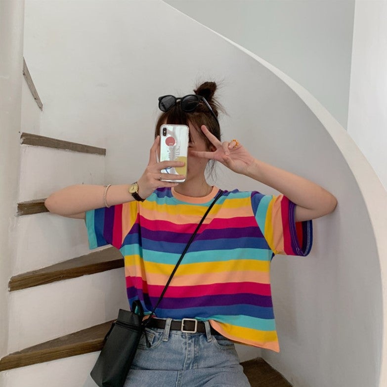 Striped Short-sleeved T-shirt Women's 2021 Summer New Korean-style Short Navel-exposed Student ins Loose Base Top T-shirt - Image 4