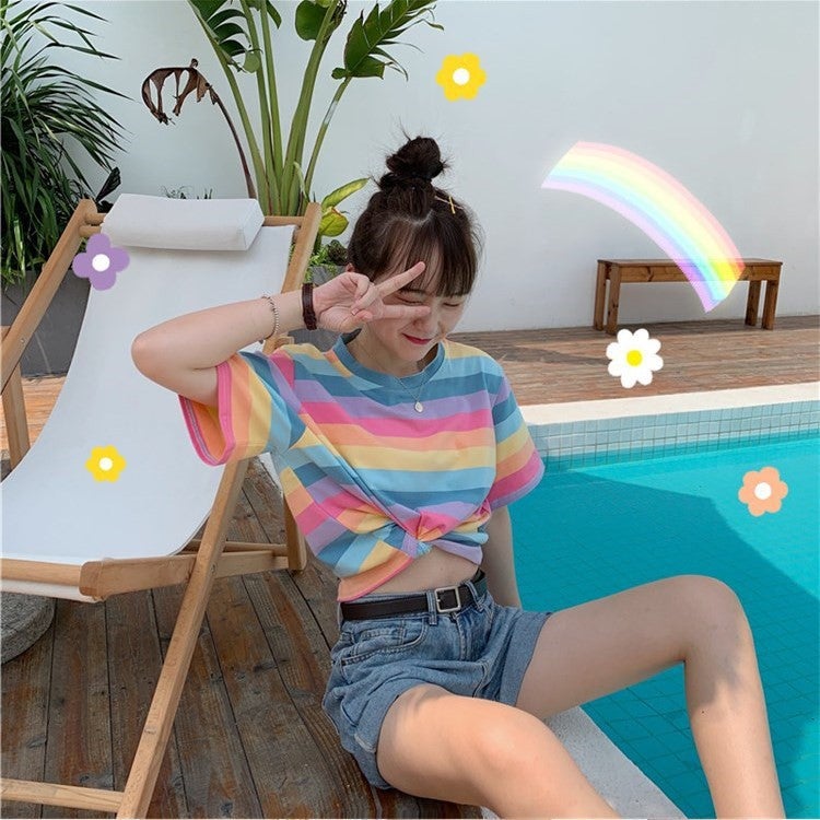 Striped Short-sleeved T-shirt Women's 2021 Summer New Korean-style Short Navel-exposed Student ins Loose Base Top T-shirt - Image 3
