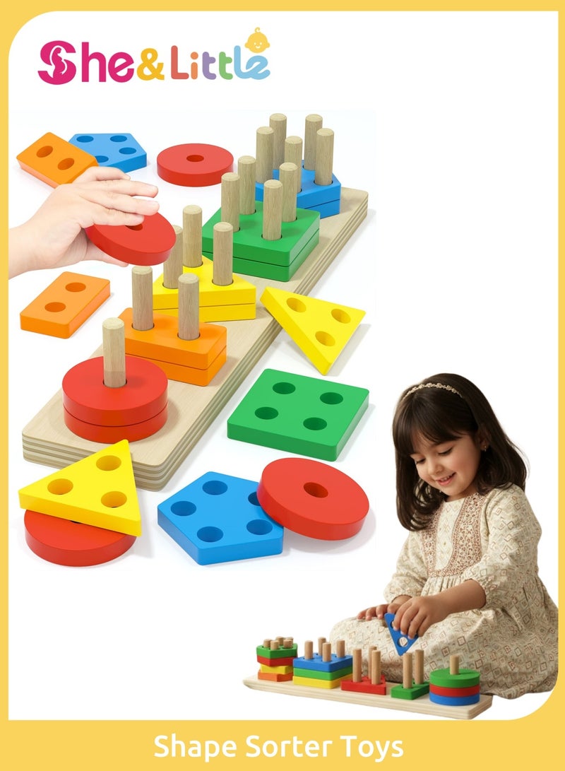 She&Little Montessori Educational Toy, Educational Toys For Kids, Shape Sorter Toys, Large Wooden Geometric Puzzle, Five Colors & Shapes Hand-Eye Coordination Training, Ideal Gift for 1-3 Year Olds - Image 1