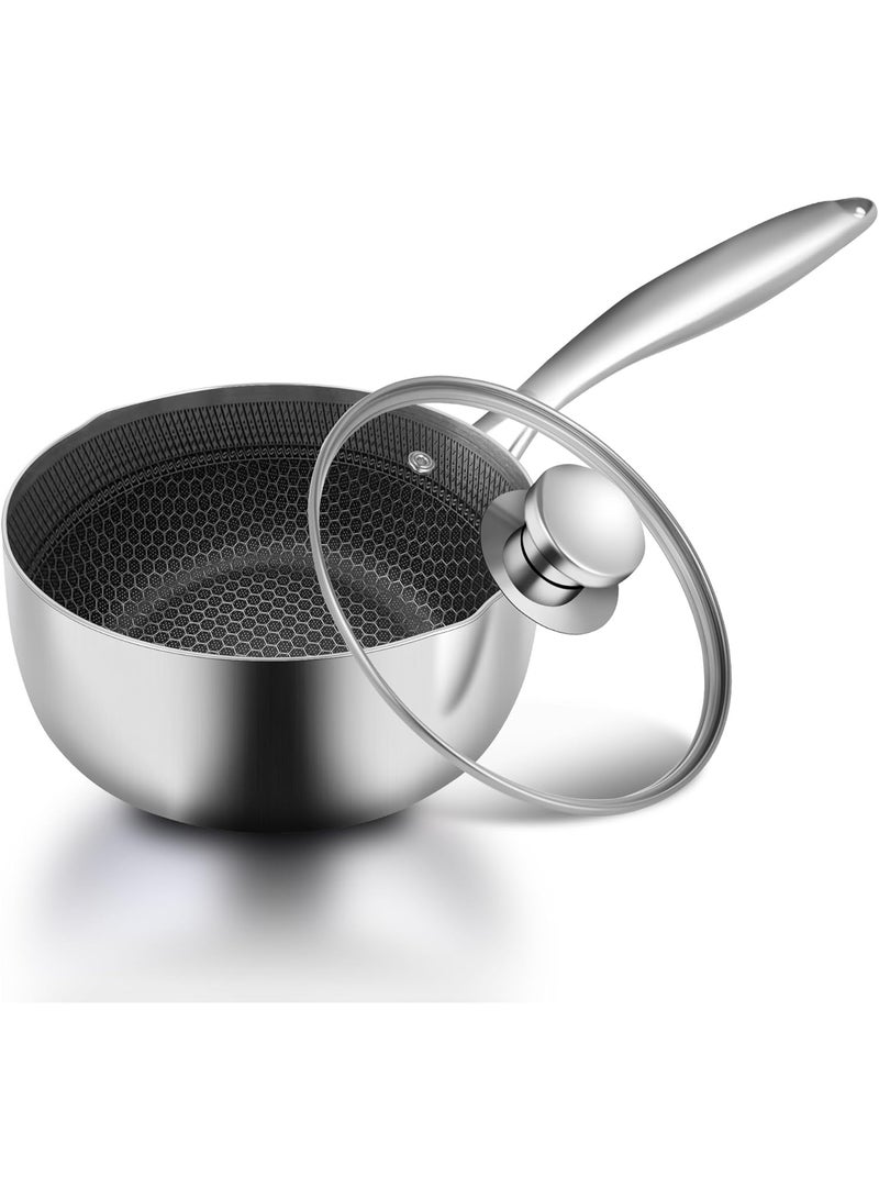 م.ا & ف'س قدر غير لاصق مع غطاء، قدر من الفولاذ المقاوم للصدأ، قدر حليب هجين بمقبض، قدر شوربة وصلصة 18 سم، قدر طهي للشاي والأرز، أواني طهي من الفولاذ المقاوم للصدأ، متوافق مع جميع أنواع المواقد - Image 1