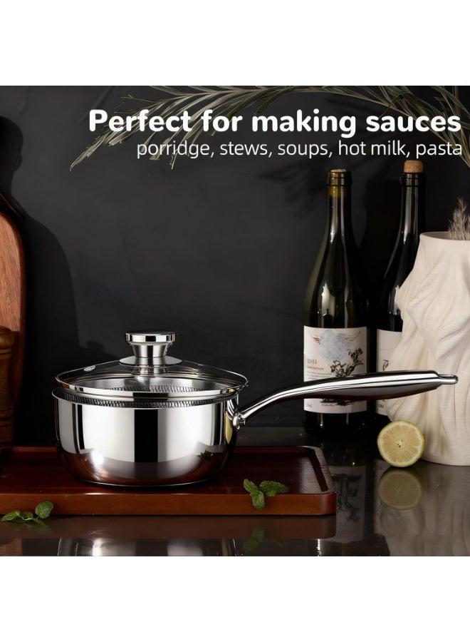 م.ا & ف'س قدر غير لاصق مع غطاء، قدر من الفولاذ المقاوم للصدأ، قدر حليب هجين بمقبض، قدر شوربة وصلصة 18 سم، قدر طهي للشاي والأرز، أواني طهي من الفولاذ المقاوم للصدأ، متوافق مع جميع أنواع المواقد - Image 3