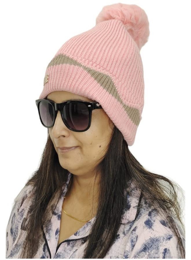 NTGS Girl's & Women Winter Pompom Beanie Hat with Warm Fleece Lined, Thick Slouchy Snow Knit Skull Ski Cap Pink Colour - Image 1