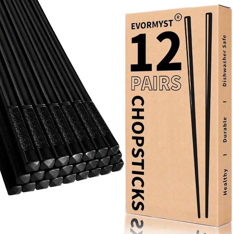 EvorMyst 12 Pairs Fiberglass Chopsticks Reusable Chop Sticks Black Chopstick Dishwasher Safe Japanese - Image 1