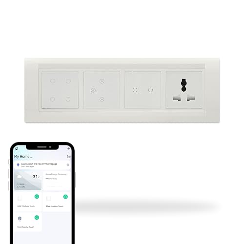 Aziot 8 Module Switch Board Plate | Smart 4 SW, 2 SW, Fan SW& Socket | WiFi & BLE | Google, Alexa & Siri (White) - Image 1