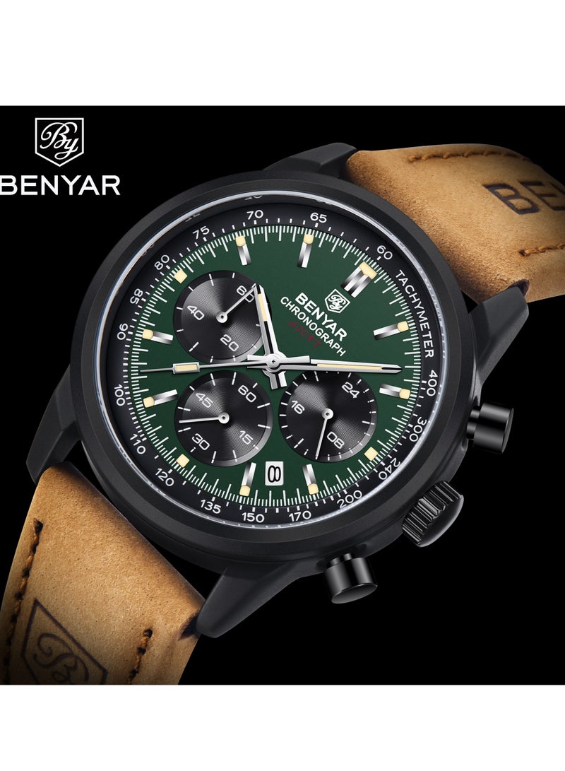 BENYAR Watches for Men Luxury Quartz Water Resistant Watch Men's Chronograph Genuine Leather Strap 5188 - Image 2