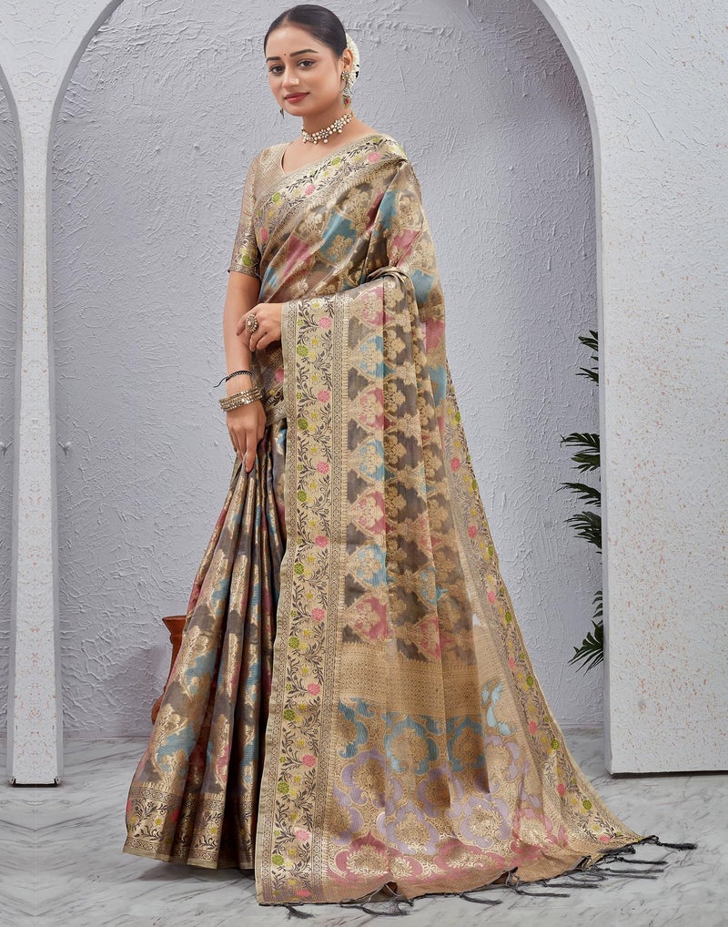 SIRIL Women's Banarasi Soft Silk Jacquard Saree With Unstitched Blouse Piece (4241S6684A_Grey & Golden) - Image 2