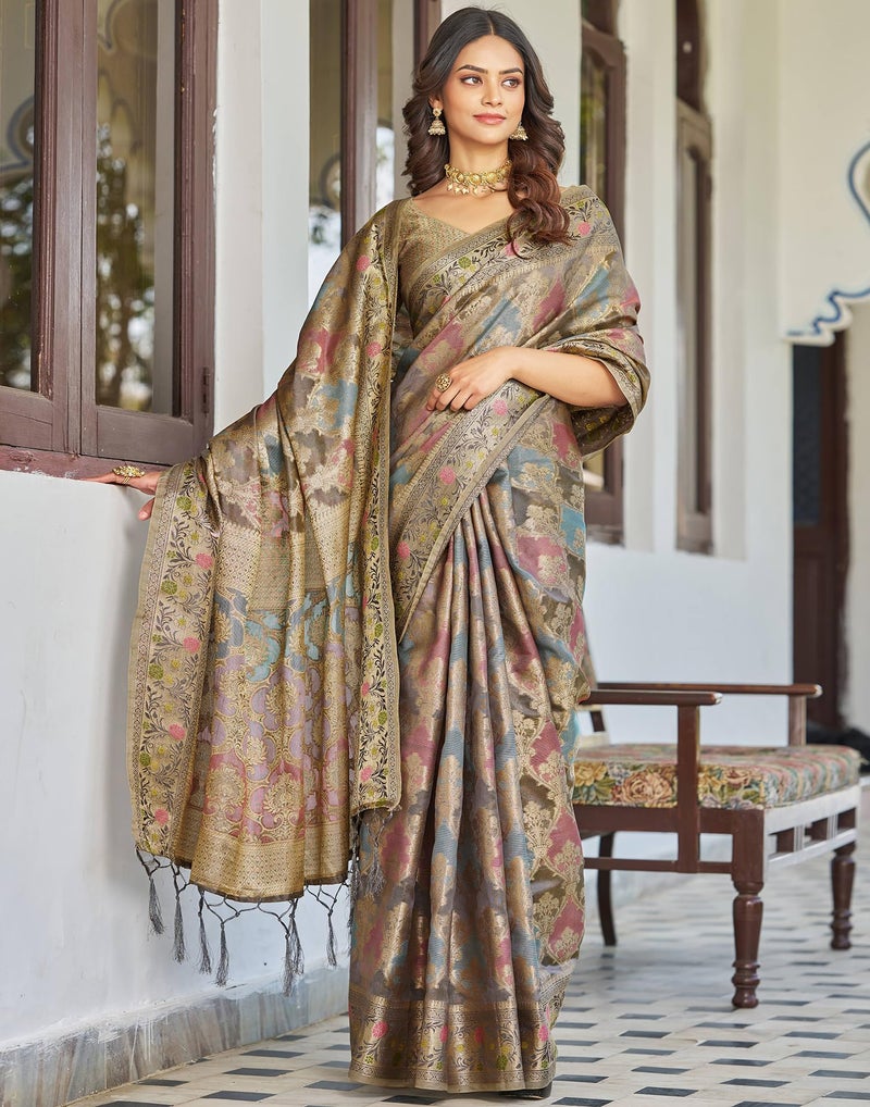 SIRIL Women's Banarasi Soft Silk Jacquard Saree With Unstitched Blouse Piece (4241S6684A_Grey & Golden) - Image 4