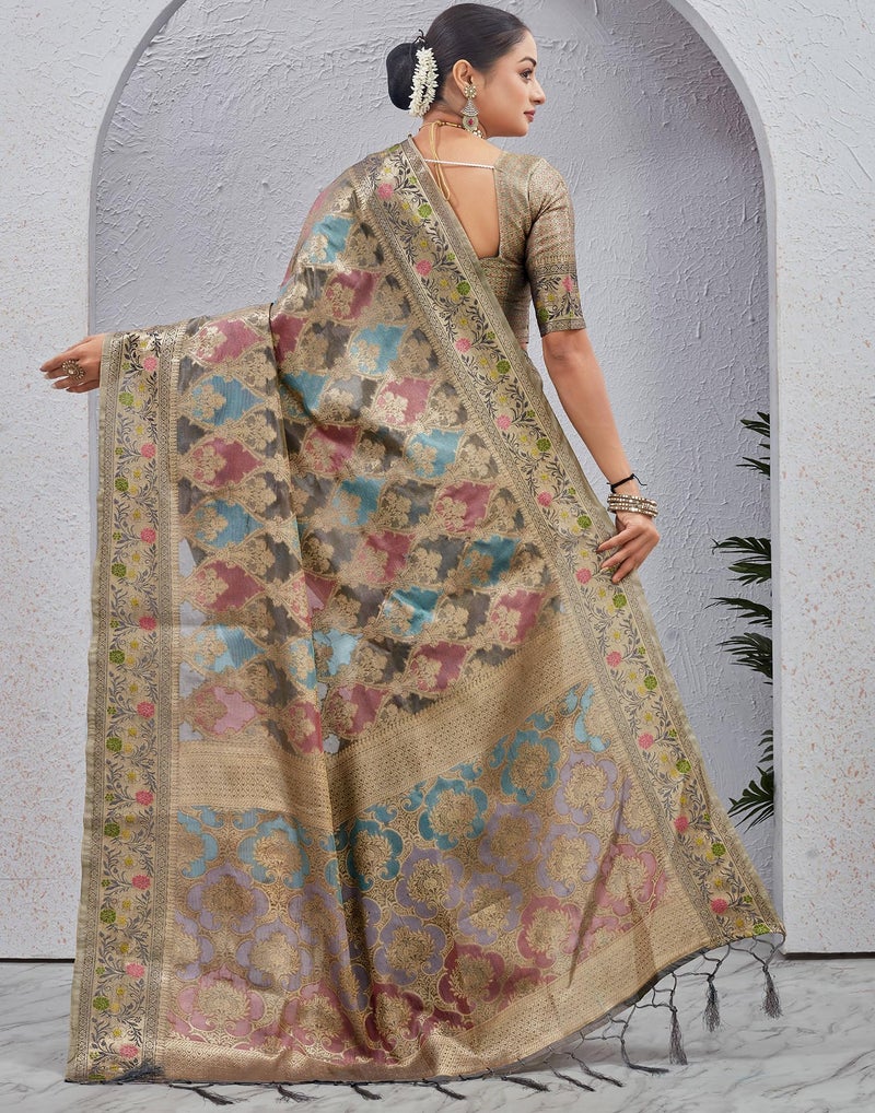 SIRIL Women's Banarasi Soft Silk Jacquard Saree With Unstitched Blouse Piece (4241S6684A_Grey & Golden) - Image 5