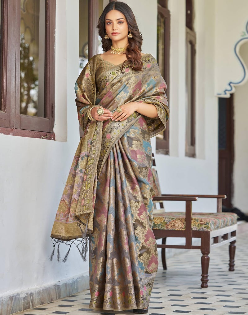SIRIL Women's Banarasi Soft Silk Jacquard Saree With Unstitched Blouse Piece (4241S6684A_Grey & Golden) - Image 3