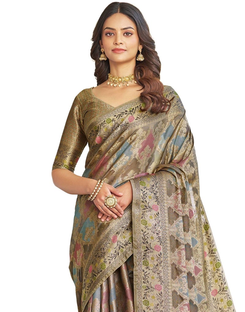 SIRIL Women's Banarasi Soft Silk Jacquard Saree With Unstitched Blouse Piece (4241S6684A_Grey & Golden) - Image 1