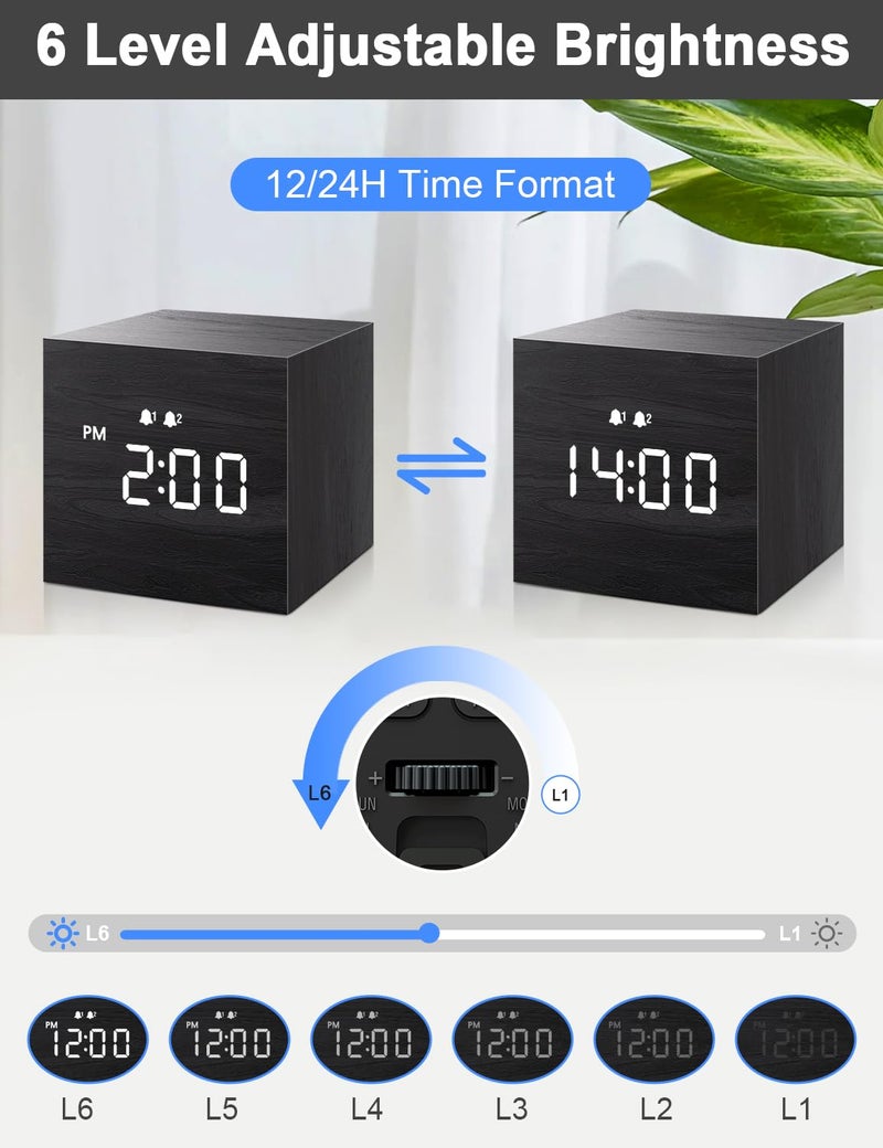 جال ساعة منبه رقمية من Jall مع شاشة LED إلكترونية خشبية لعرض الوقت ومنبه مزدوج مقاس 2.5 بوصة مكعبة صغيرة مصنوعة من الخشب ساعات كهربائية لغرفة النوم والمكتب بجانب السرير باللون الأسود - Image 5