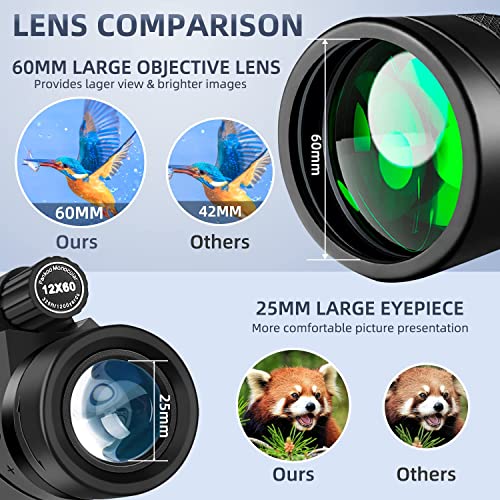 Pankoo 12x60 Monocular Telescope High Powered with Smartphone Adapter Tripod and Portable Bag, Larger Vision Monoculars for Adults with BAK4 Prism & FMC Lens, Suitable for Bird Watching Hiking Travel - Image 2