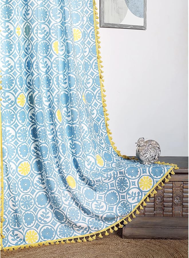 The Bros Pure Cotton curtains for Window, 60-65% Room Darkening, Bohemian Tasseled, Geometric Print (Anya: Blue & Yellow) -5 Feet, 1 Piece (Length 152 cm) - with Back Tab