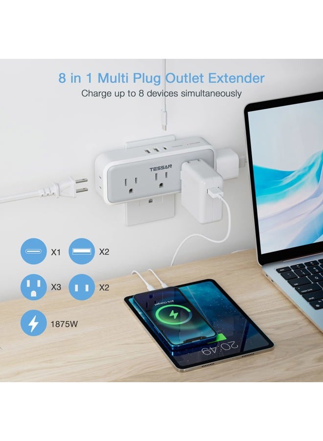 TESSAN Multi Plug Outlet Splitter, 5 AC Surge Protector Outlet Extension Extender with 3 USB Wall Charger, Multiple Plug Expander for Home Office Dorm Room Essentials - Image 2