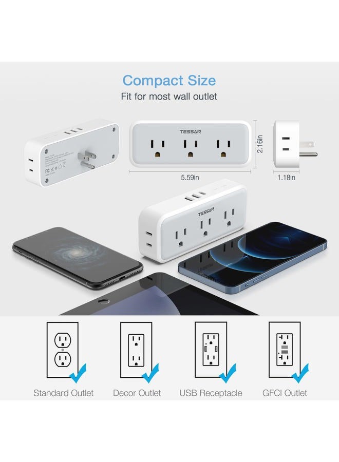 TESSAN Multi Plug Outlet Splitter, 5 AC Surge Protector Outlet Extension Extender with 3 USB Wall Charger, Multiple Plug Expander for Home Office Dorm Room Essentials - Image 5